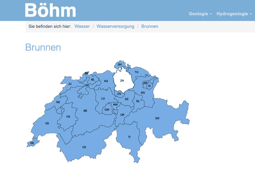 Böhm-Geologie: Website-Cover mit Böhm-Schriftzug und Zürich-Karte